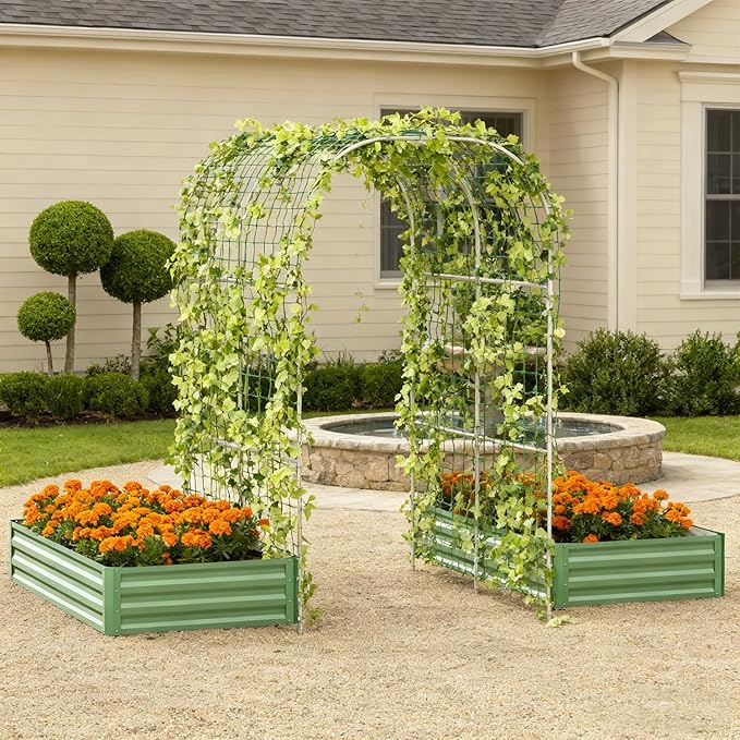 SUNYRISY Galvanized Raised Garden Bed with 87" H Arch Trellis for Climbing Plants Outdoor, Large Metal Planter Box with Netting for Gardening Flowers Vegetables Fruit, Green