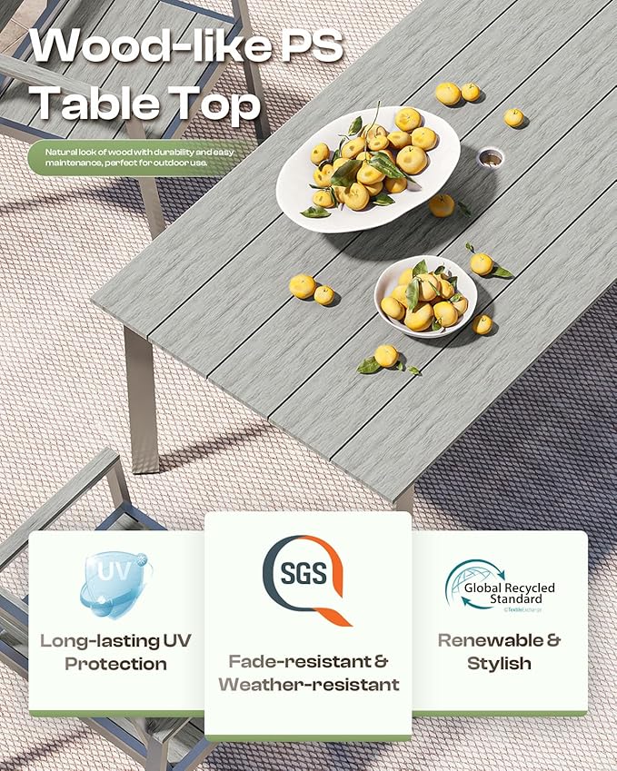 67" Rectangle HDPS Patio Dining Table, Aluminum Outdoor Patio Dining Table with Umbrella Hole, Weather-Resistant for Lawn, Garden, Yard, Poolside and Indoor Use (Sliver)