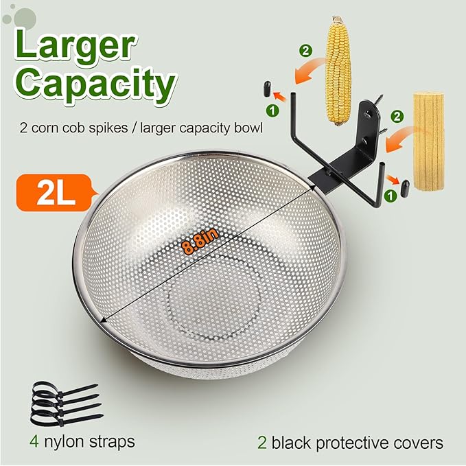 Squirrel Feeder Bowl (2L) Trees or Fences Mounted, Removable Squirrel Feeder with 2 Squirrel Corn Cob Spikes, Outdoor 8.8" Stainless Steel Feed Bowl with Drainage Holes, Easy to Clean/Refill(Black)