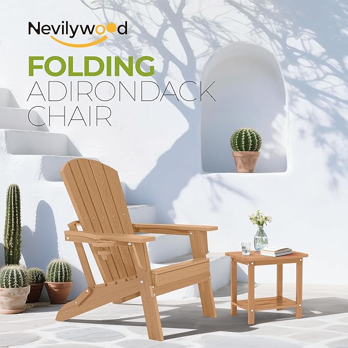 nevilywood Folding Adirondack Chair with Cup Holder Set of 4, HDPE Patio Chairs,All-Weather Outdoor Chairs for Backyard, Deck,Fire Pit-TeakBrown