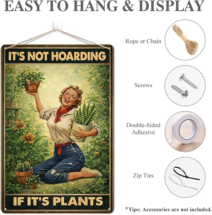 Vintage Garden Tin Sign – “It’s Not Hoarding If It’s Plants” Sign for Garden, Yard, Home, Gardening Gift for Women, Outdoor Decor, 8x12 Inches