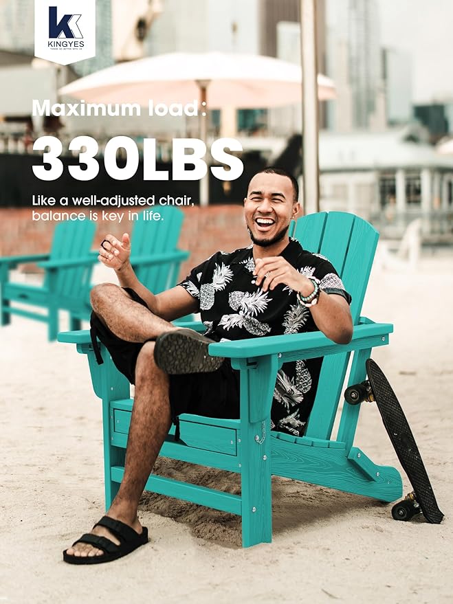 KINGYES Folding Adjustable Adirondack Chair with Retractable Ottoman Set of 6, HDPE All Weather Chair with Cup Holder - Recliner Adirondack Chair, Aruba