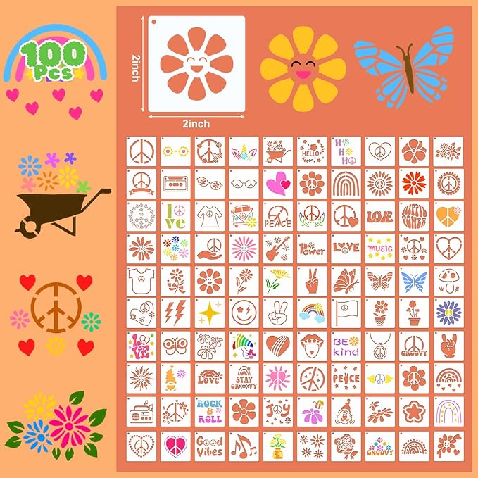 Fainne 100 Pcs 2 Inch Stencils Small Stencils for Painting on Wood Reusable Painting Templates Crafts for DIY Scrapbook, Wood, Wall, Fabric, Rock, Chalkboard, Sign(Groovy Party)