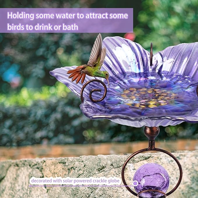 MUMTOP Glass Bird Baths for Outdoors, Flower Bird Baths Bowl with Solar Crackle Glass Globe Lights Decorations and Metal Stake for Outdoor Garden Yard Lawn Outside, Purple