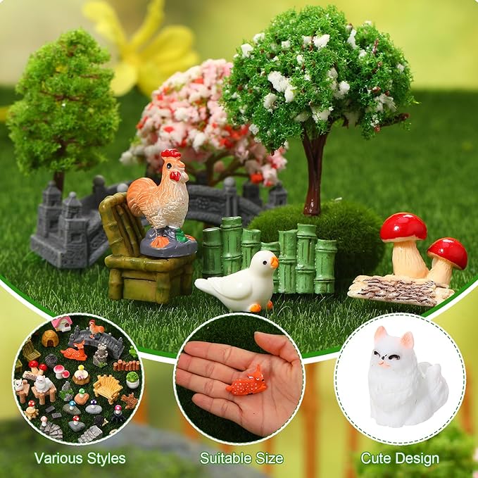 65 Pcs Fairy Garden Accessories Mini Resin Animals Figures Miniature Table and Chairs Bridge Mushroom Pond Fence Moss Bonsai Landscape Ornaments Kit for Garden DIY Craft