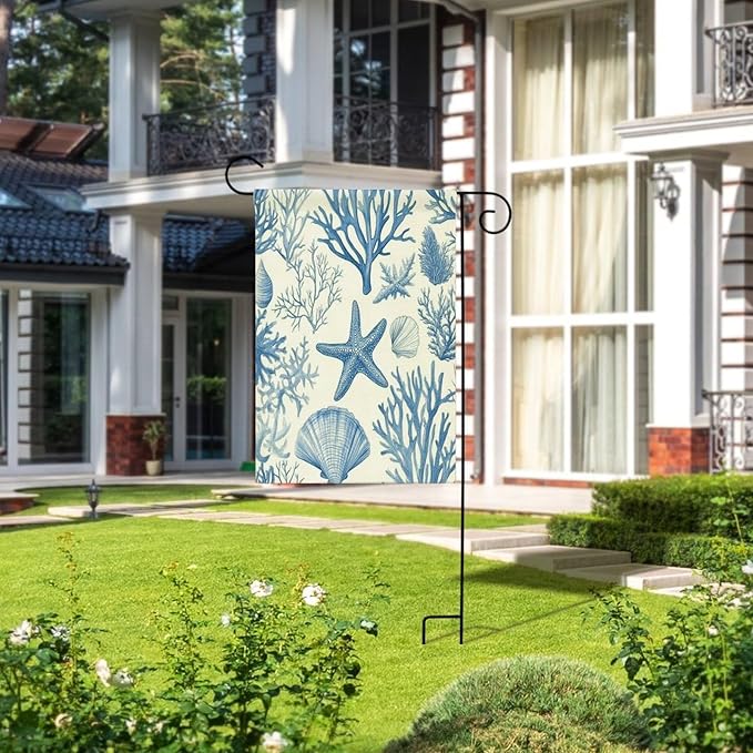 Coastal Nautical Garden Flag Double Sided Burlap 12×18 Inch Coral Reef Pattern with Starfish Shells And Corals Spring Summer Season Garden Flags Yard Flag Seasonal Outdoor Décor for Yard Farmhouse