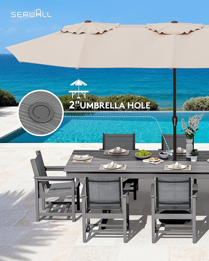 SERWALL 9 Piece Outdoor Dining Set, 84" HDPE Outdoor Table and Chairs for 8，All Weather Patio Furniture Set with Umbrella Hole for Backyard, Garden, Gray