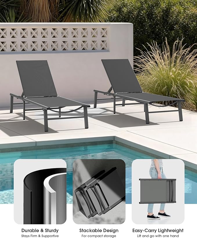 Ciokea Foldable Outdoor Lounge Chair, No Assembly Patio Chaise Lounge Outdoor with 5-Positions, Aluminum Pool Lounge Chair with Portable Design for Pool, Beach, Deck, Backyard, Grey