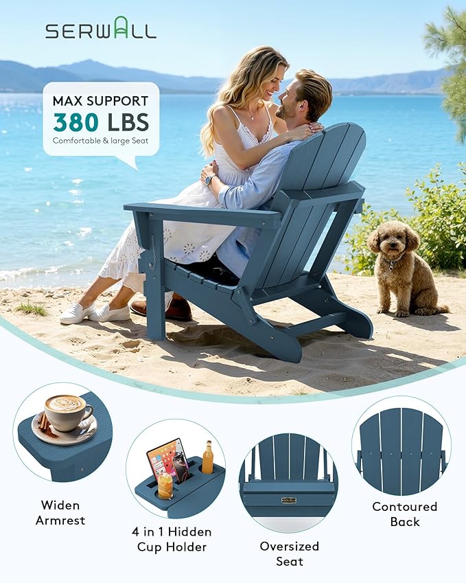 SERWALL Foldable Adirondack Chair Set of 2, Adirondack Chairs with 4 in 1 Cup Holder, Weather Resistant Plastic Chair for Patio Garden Outdoors Fire Pit-Blue