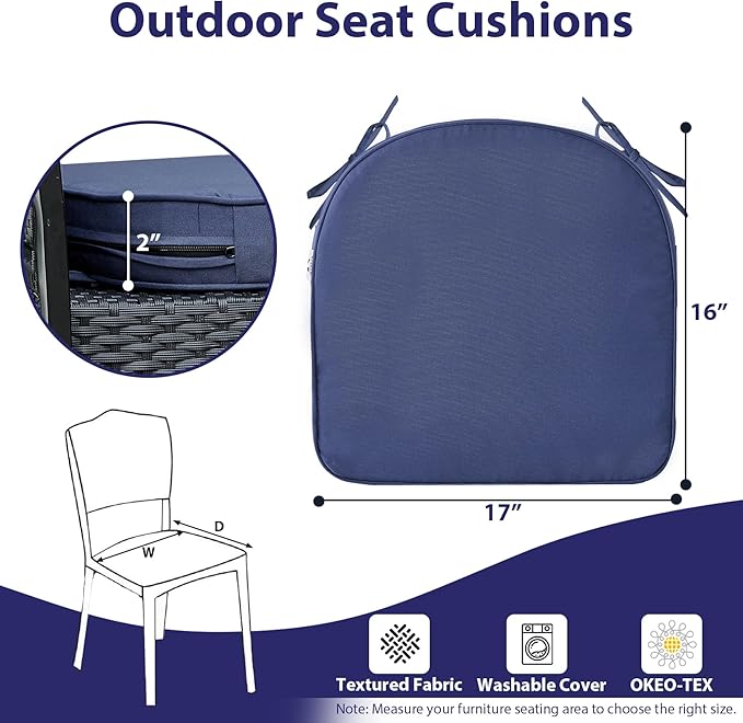 Outdoor Chair Cushions Set of 4 -Waterproof Outdoor Seat Cushions for Patio Furniture, Patio Chair Cushion with Handle and Ties, Round Out Door Chair Pads,17" x 16" x 2", Navy Blue