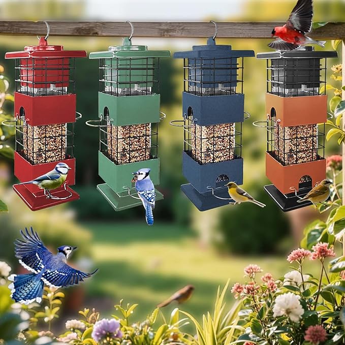 Squirrel Proof Bird Feeder,3Lbs Metal Birdfeeders Squirrel Proof with 4 Feeding Ports for Outside, Birds Seed Feeder for Outdoors, Cardinal, Finch, Sparrow (Brown)