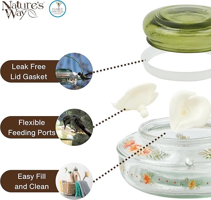 Nature's Way Bird Products Decorative Glass Top-Fill Hummingbird Feeder - Gardenia Bouquet (DTHF2)