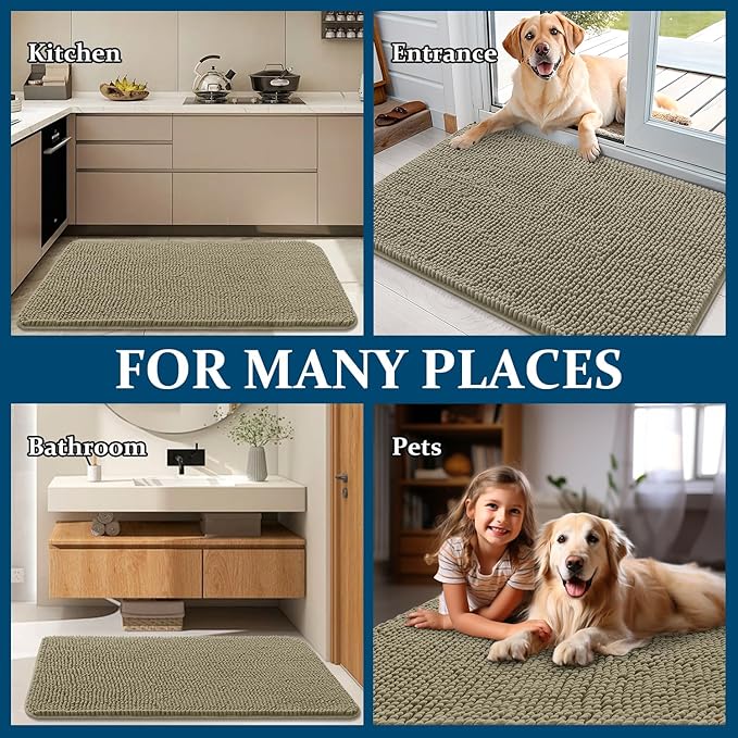 OLANLY Dog Door Mat for Muddy Paws 59x35, Absorbs Moisture and Dirt, Absorbent Non-Slip Washable Doormat, Quick Dry Chenille Mud Mat, Entry Indoor Entryway Carpet for Inside Floor, Warm Taupe