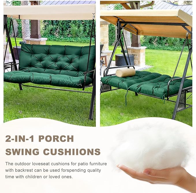 Porch Swing Cushion with Backrest,Waterproof Bench Cushion for Outdoor Furniture,2-3 Seater Replacement Thickened Swing Cushion with Ties,Patio,Outdoor,Backyard and Garden (Dark Green,40x40)