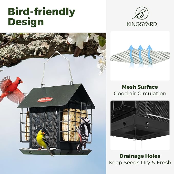 Kingsyard Metal Bird Feeder for Outdoor Hanging, Wild Bird Feeder with Double Suet Cage, Weatherproof Roof and 3 lbs Large Seed Capacity, Black