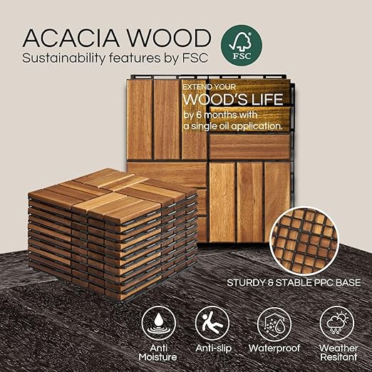 10 Pcs Deck Tiles, Patio Flooring - Outdoor Waterproof Acacia Wood Tiles for All Weather Use - Balcony, Backyard, Indoor & Outdoor (Golden Teak Crossed Pattern, 10 Square Ft)