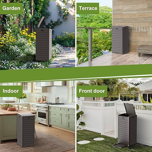 31 Gallon Outdoor Trash Can, Waterproof Trash Can Cabinet for Outside, Resin Garbage Bin with Lid and Drip Tray for Easy Cleaning for Patios, Kitchens, and Outdoor Entertaining（Light Gray）