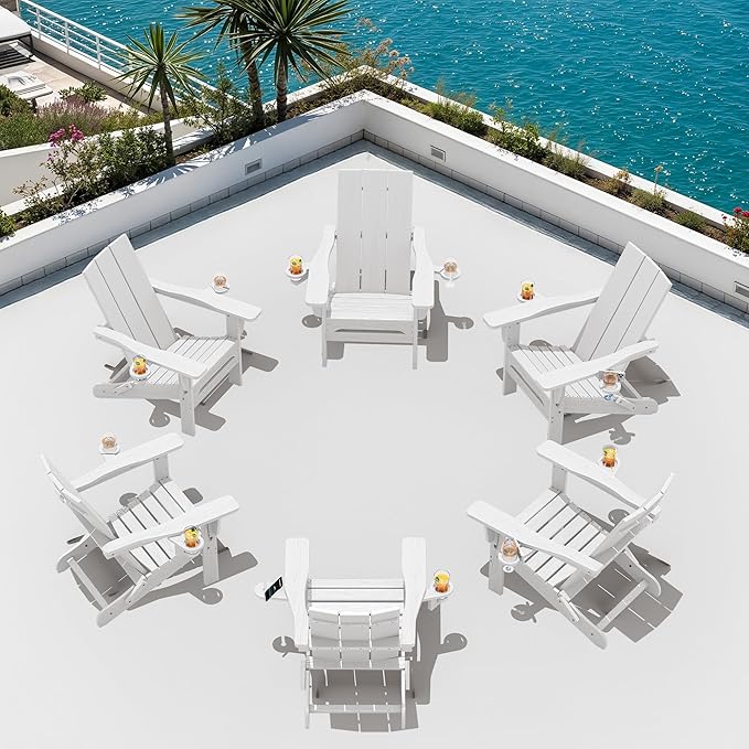 SERWALL Modern Folding Adirondack Chair with Cup Holders, All Weather Resistant Outdoor Adirondack Chair, HDPE Fire Pit Chair for Patio Lawn Graden, White