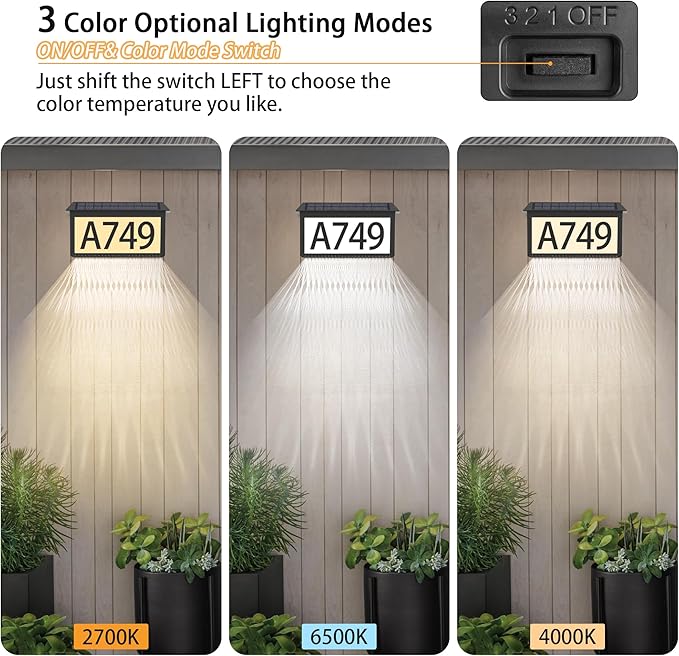 Solar Address Sign, House Numbers for Outside Light Up, 3 Colors Waterproof LED Illuminated House Numbers With Stake, Wall Mounted/In Ground Solar Powered Address Plaque for Yard Garden Home