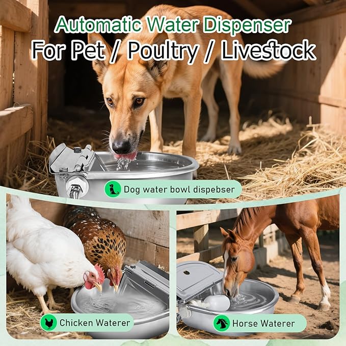 Automatic Water Dispenser for Dog,Stainless Steel Outdoor Dog Water Bowl Dispenser,Auto Refill Water Feeder for Chicken Horse Goat Livestock,Pipe and Brass Valve,1/2" to 3/4" GHT Adapter