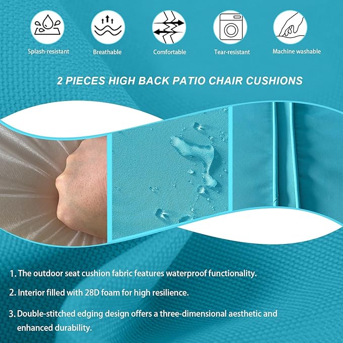 2 Pieces High Back Patio Chair Cushions, Fade Resistant Outdoor Rocking Chair Cushions, Office Chair Back Support Cushion (Lake Blue, Seat (21''x21''x3'')+Backrest (21''x28''x3''))