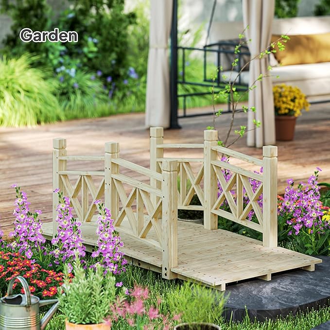 Outsunny 5 ft. Wooden Garden Bridge with Safety Rails, Backyard Bridge Footbridge for Ponds, Creeks, Streams, Nature Wood