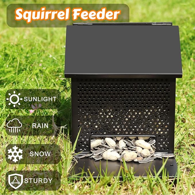 Squirrel Feeders for Outside,Squirrel Feeder with Foldable Metal Front Panel Perch Funny Metal Chipmunk House Hanging Boxes Easy to Refill