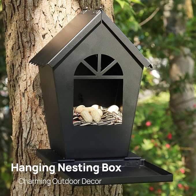 Squirrel Feeders for Outside，Squirrel Feeder with Foldable Metal Front Panel Perch Funny Metal Chipmunk House Hanging Tree Boxes Easy to Refill