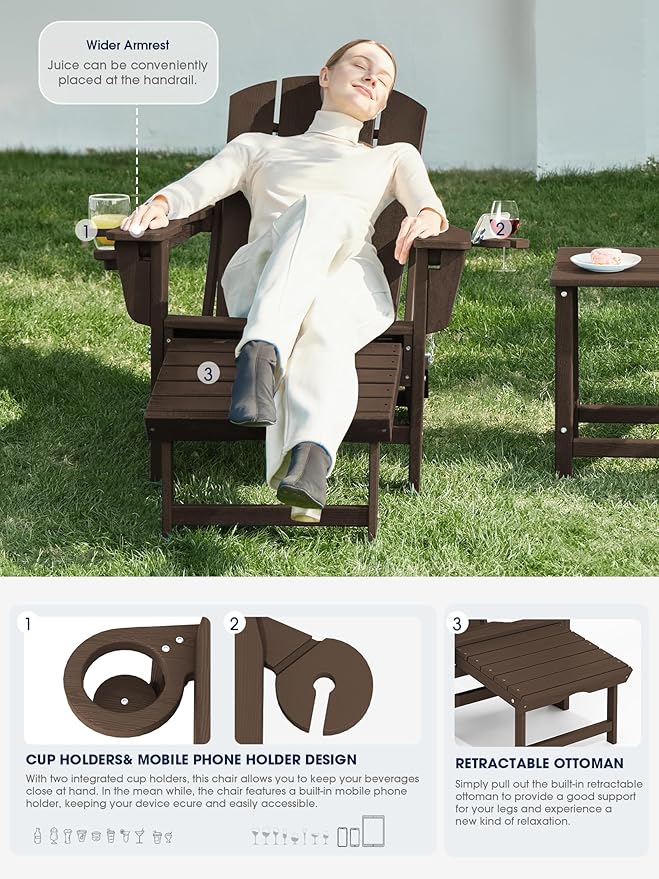 KINGYES Folding Adjustable Adirondack Chair with Ottoman & 2 Cup Holders, HDPE Adirondack Recliner Chair with Footrest, Coffee