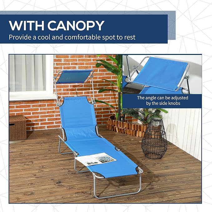 Outsunny Outdoor Lounge Chair, Adjustable Folding Chaise Lounge, Tanning Chair with Sun Shade for Beach, Camping, Hiking, Backyard, Blue