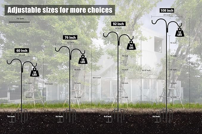 Gtongoko Double Shepherds Hook for Outdoor, 108 Inch Bird Feeder Pole with 5 Prongs Base, 5/8 Inch Thick Heavy Duty Adjustable Garden Hook for Hanging Plant, Lantern, Hummingbird Feeder, 1 Pack