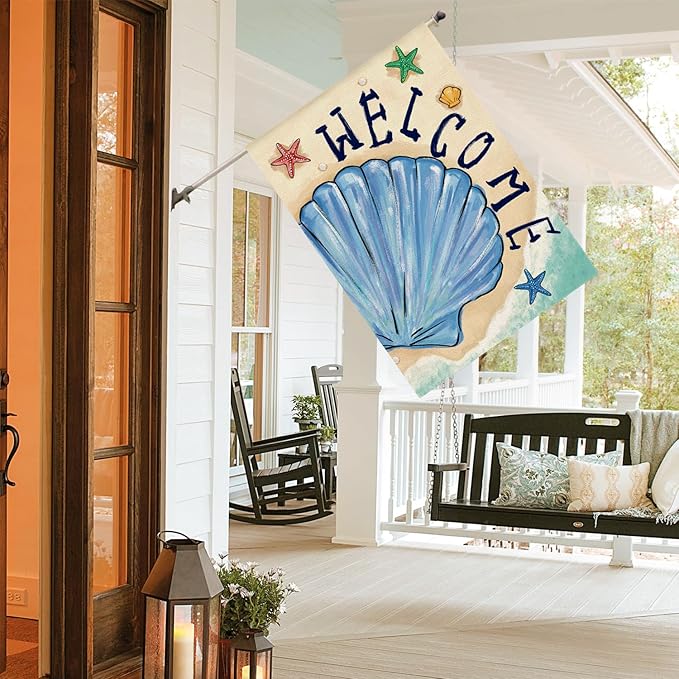 AVOIN colorlife Summer Coastal Beach Shell House Flag 28x40 Inch Double Sided, Welcome Seasonal Nautical Burlap Yard Outdoor Decoration