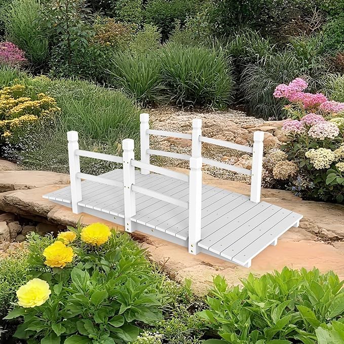 Outvita 5 ft Garden Wooden Bridge Arch Stained Finish with Safety Rails Outdoor Footbridge for Backyard Creek Farm, Decorative Pond Bridge
