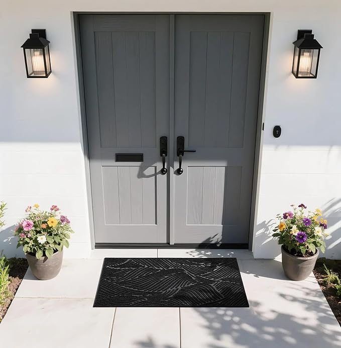 Yimobra Doormat Indoor Outdoor Entrance, Simple Stripes, All-Weather Waterproof & Non-Slip Mat for Front Door, Heavy Duty Polyester Welcome Mat for Garage, Patio-47x24，Black