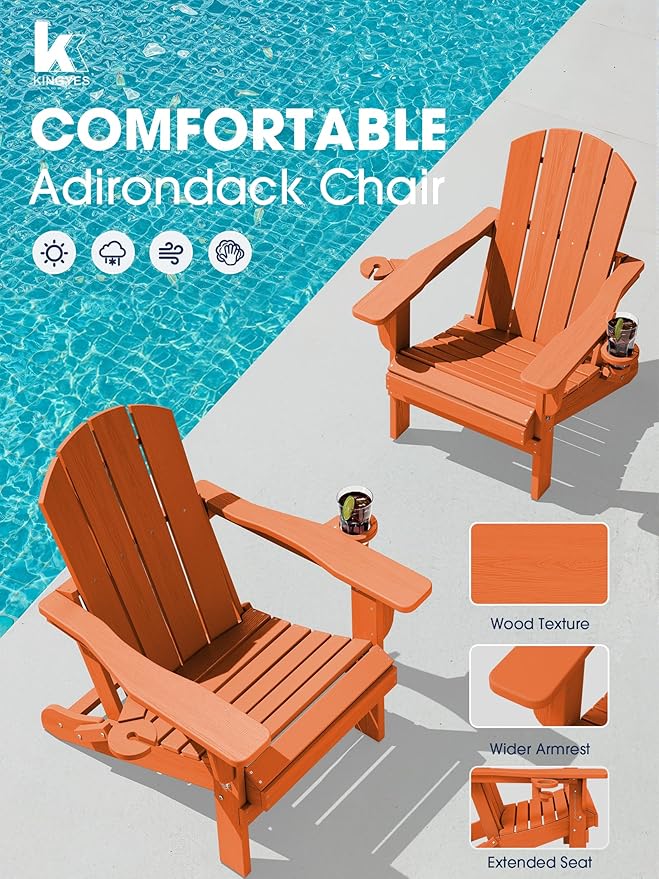 KINGYES Folding Adirondack Chair with Dual Cup Holders - HDPE All-Weather Outdoor Chairs, Wood-Like Patio Chair for Backyard, Camping, Pool & Fire Pit, Orange