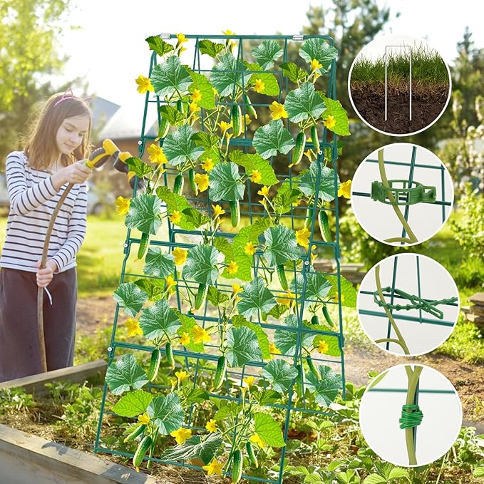 17 x 42 Inch Garden Trellis for Raised Beds Foldable Climbing Plant Support Cucumber Trellis Outdoor A-Frame Metal Vegetable Trellis with Garden Supplies for Grape Tomato Peas Flower