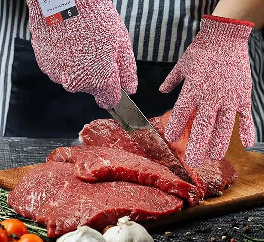 Cutting Gloves, 1 Pairs of Cut Resistant Gloves Food Grade, Cut Resistant Gloves for Kitchen, Oyster Shucking, Fish Fillet Processing, Carving Wood and Gardening(Large-Red)