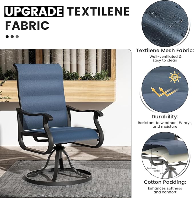 Patio Swivel Chairs Set of 2, Outdoor Dining Chairs with High Back, All-Weather Swivel Rocker Chair for Lawn, Porch or Garden (Padded Navy)