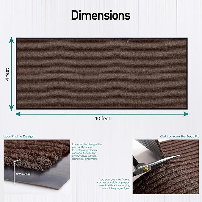 LuxUrux Striped Brown Door Mat - Heavy Duty, Indoor/Outdoor, Easy Clean, Waterproof, Low-Profile (4 x 10 Feet) - Ideal for Entry, Patio, Garage - Durable Solution for High Traffic Entrance Ways