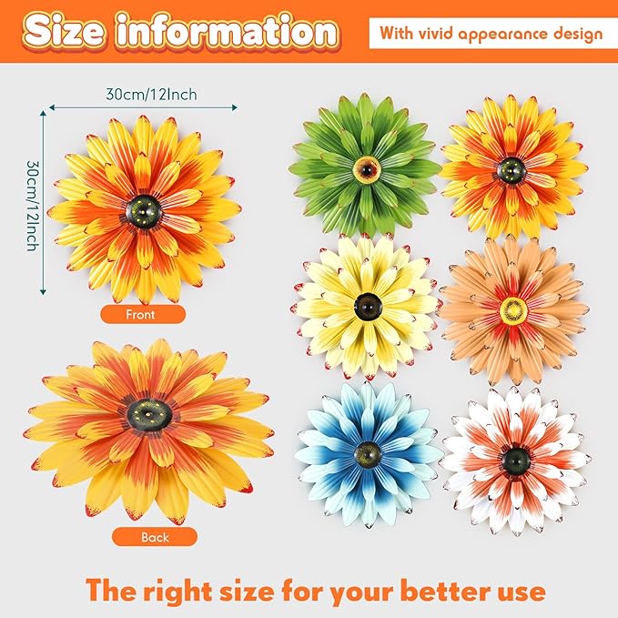 Zhehao 6 Pcs Metal Flower Wall Art Decor 12 Inch Sunflower Wall Decorations Hanging Outdoor Art Multicolored Handmade Metal Flowers Outdoor Decor(Elegant Color)