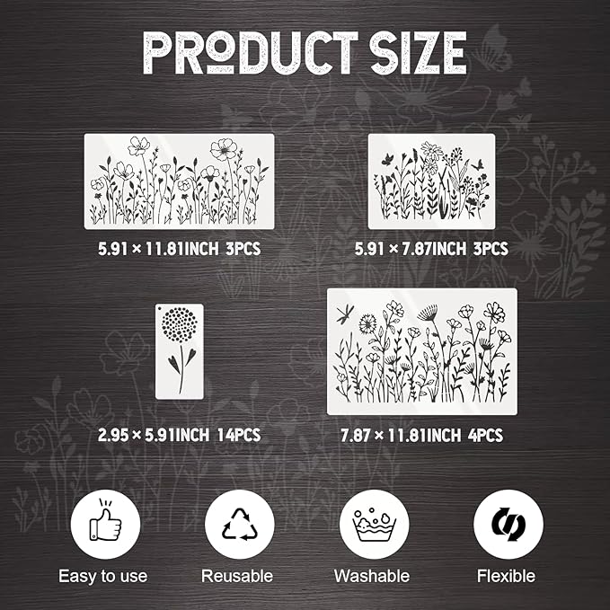 24 Pcs Stencils for Crafts Reusable, Floral Painting Templates - Flower, Leaf, Branch Botanical Nature Designs for DIY Wood Canvas Wall Card Scrapbook Decor