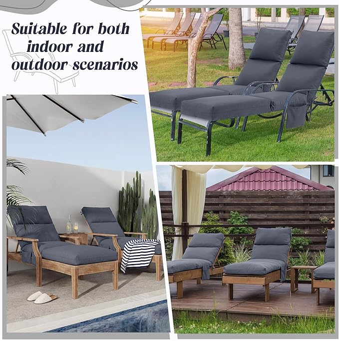 Kigley 2 Pcs Chaise Lounge Cushions, 77.9 x 20.5 x 4.7 Inch Outdoor Lounge Chair Cushions with Pocket, Thick Tufted Patio Recliner Replacement with Ties, Fade Resistant for Pool Furniture (Dark Gray)