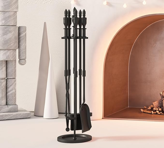 5-Piece Wrought Iron Fireplace Tools Set with Handles Indoor Fireplace Accessories for Modern Décor and Outdoor Fire Pits Includes Poker, Tongs, Shovel, Brush, and Wood Stove Hearth Stand