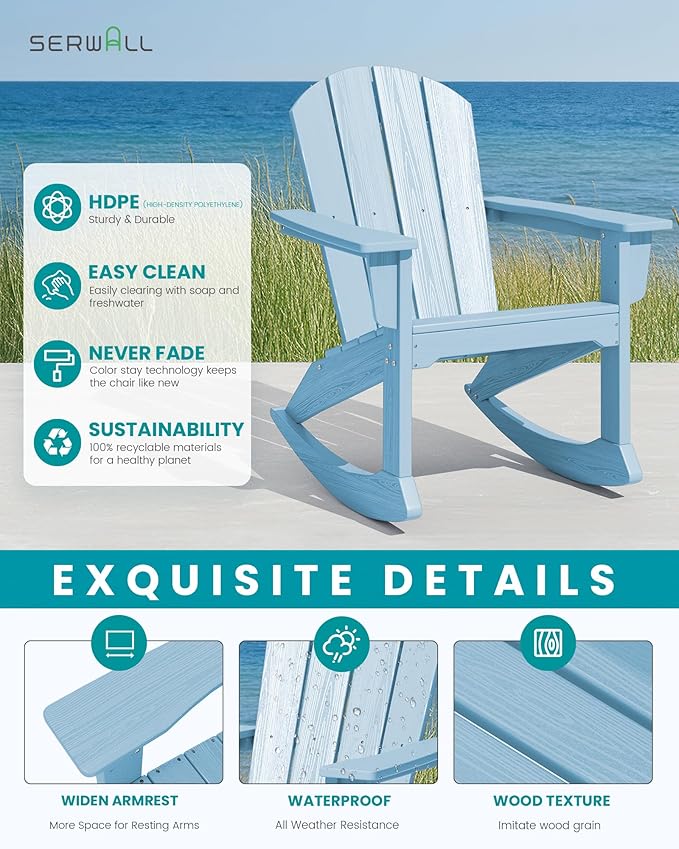 SERWALL Outdoor Adirondack Rocking Chairs Set of 4, All-Weather HDPE Adirondack Rocker Chair, Front Porch Rocker Chairs for Patio Lawn Porch Deck, Light Blue