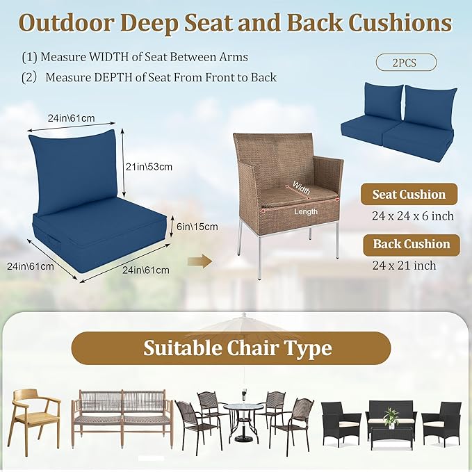 Outdoor Deep Seat Cushion Set, Fade Resistant Patio Chair Cushions, 24x24x6 Inch Patio Sofa Furniture Pad with Removable Cushion Covers (Navy Blue+White Side, 24''Lx24''Wx6''H-2pcs Set)
