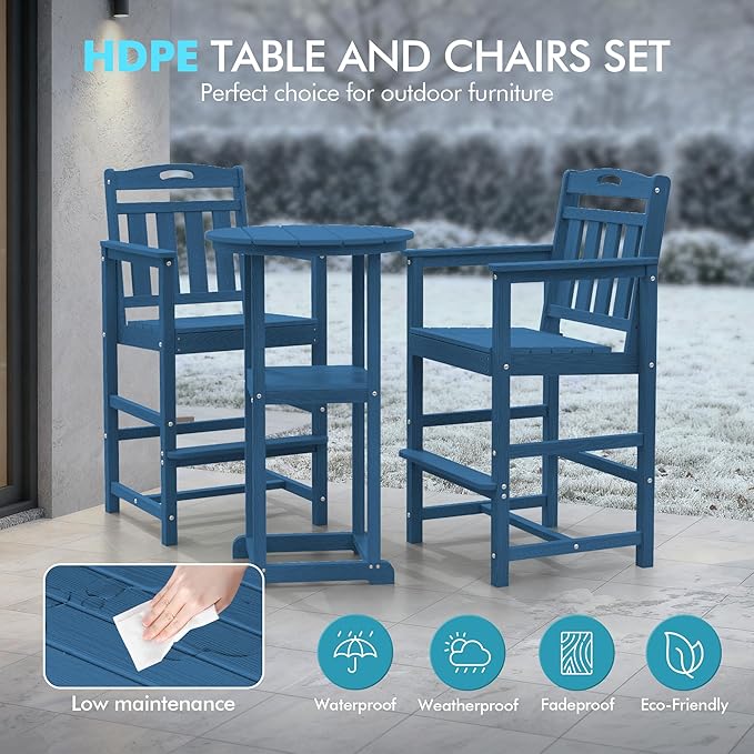 Ciokea 3-Pcs Bistro Table and Chairs, All-Weather Round High Top Bar Table with Storage Shelf and 2 Oversized Adirondack Chairs, Heavy Duty Outdoor Bar Patio Bistro Set for Balcony Deck, Navy Blue