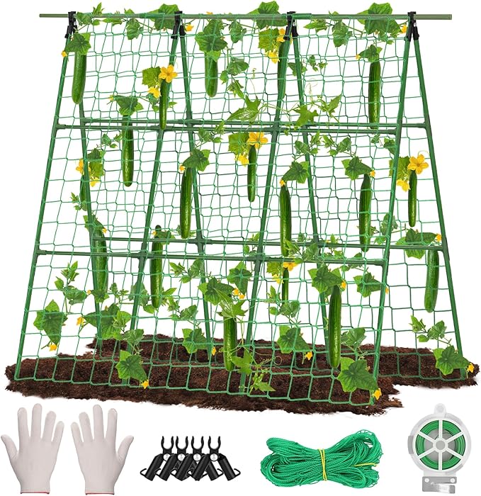 Cucumber Trellis for Raised Bed, 48" x 48" A-Frame PE-Coated Metal Trellis for Climbing Plants Outdoor, Garden Trellis for Vegetables with Climbing Net and Plant Support Clip for Tomato, Grape