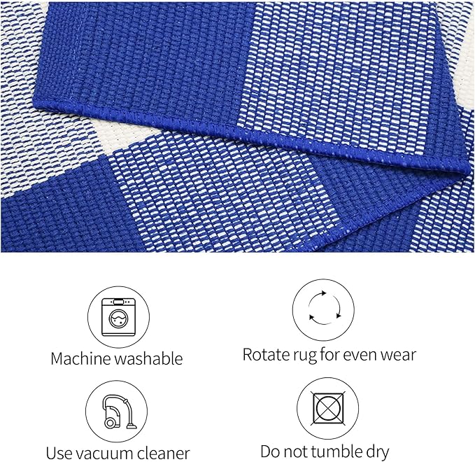 SEEKSEE Cotton Buffalo Plaid Rug 27.5"x43" Blue and White Checked Rug Washable Doormats Indoor Outdoor Rugs for Layered Front Door Mats, Porch, Kitchen, Farmhouse, Entryway