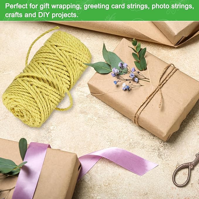 1-Pack Natural Jute Twine String, 4.5mm x 164ft/50m Long Garden Twine String for Crafts/Gift Wrapping/Gardening Plants, Durable Plant Ties Thick Rope [Yellow]