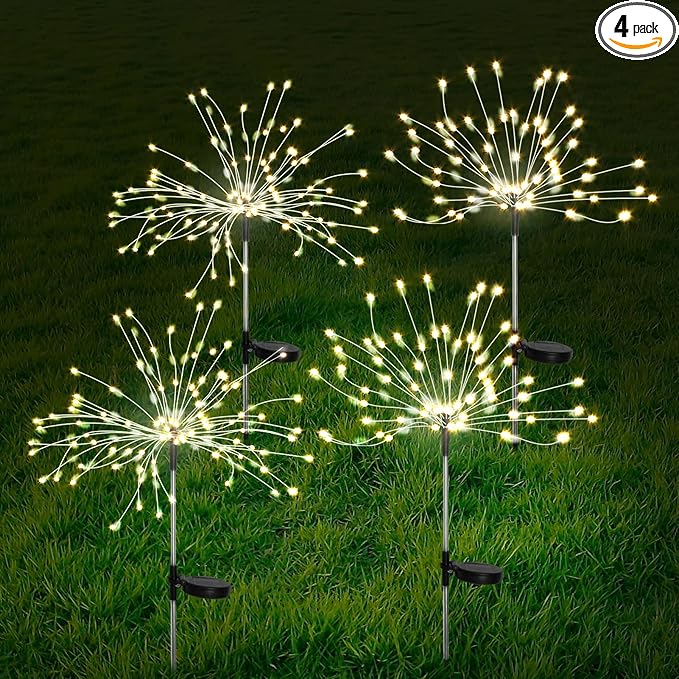 FOOING 4 Pcs Solar Garden Lights Solar Firework Lights, 480 LED Solar Powered String Light 2 Modes Twinkling Solar Lights for Garden, Wedding, Party, Patio(Warm White), 100182987